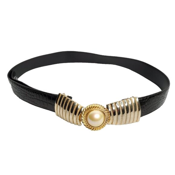 Womens Dress Waist Belt Black Gold Bow Faux Pearl Reptile Texture Adjustable OS - Picture 1 of 4